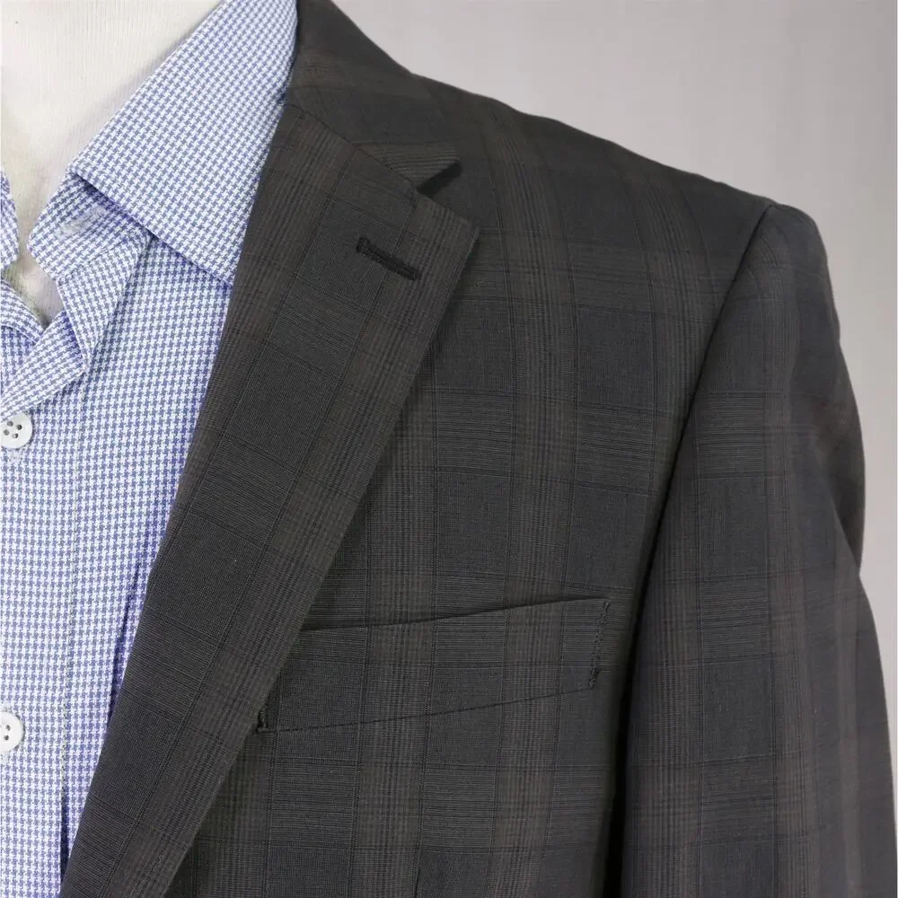 John Varvatos Gray Brown Plaid 2-Btn Cotton Linen Blazer Jacket 38R
